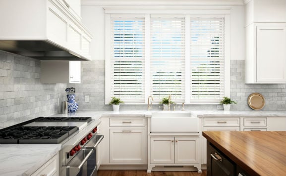 Kitchen with motorized blinds