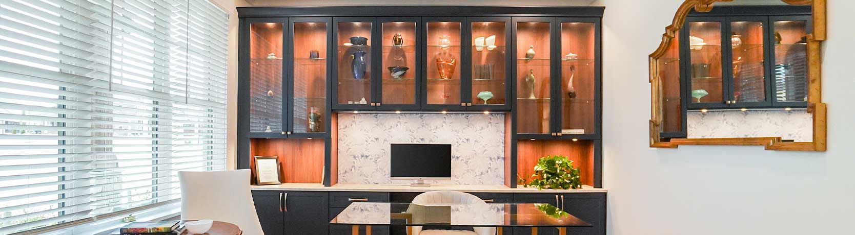 Navy built-in office cabinetry