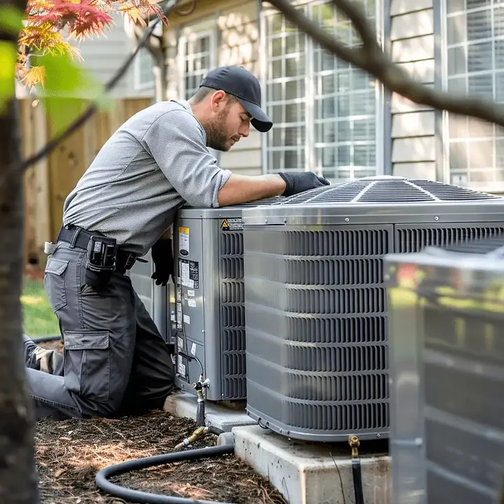Illustrative placeholder of an HVAC technician servicing an outdoor AC system