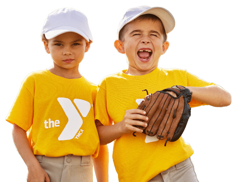 two boys wearing baseball uniforms and holding a baseball glove