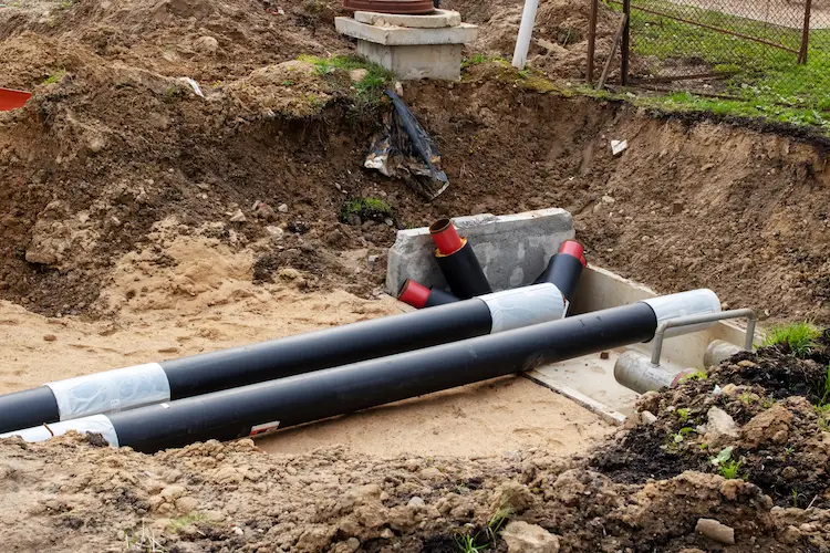 Open trench exposing a main water line